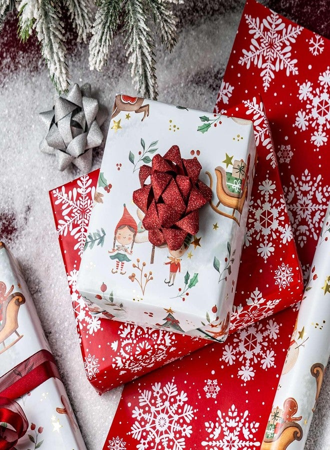 MAYPLUSS Christmas Wrapping Paper Roll - 17IN X 33FT - Santa Claus Gift Wrapping Paper Featuring Sleigh Christmas Tree Gnome Reindeer Holly Gingerbread Reversible Snowflake for Kids, Holiday, New Year - Image 2